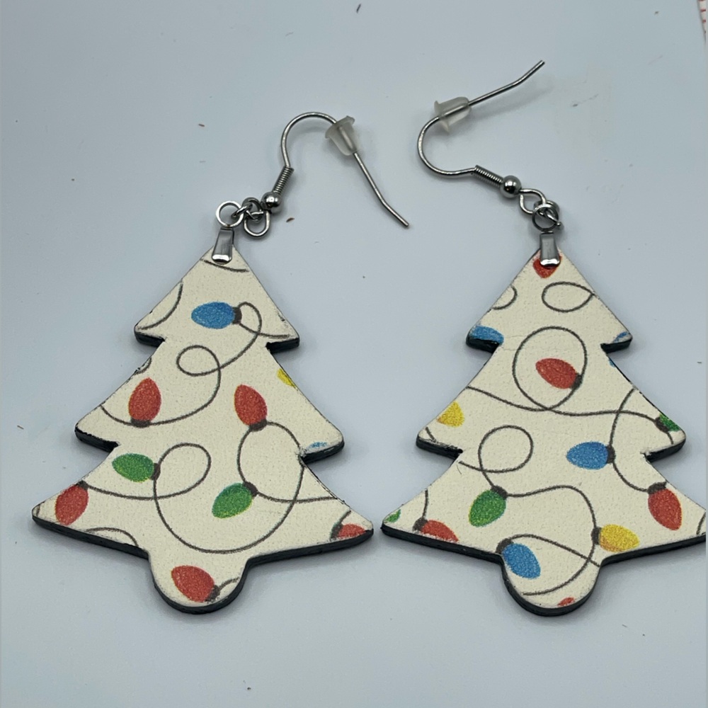 Leather Holiday Tree Earrings with Colorful Lights
